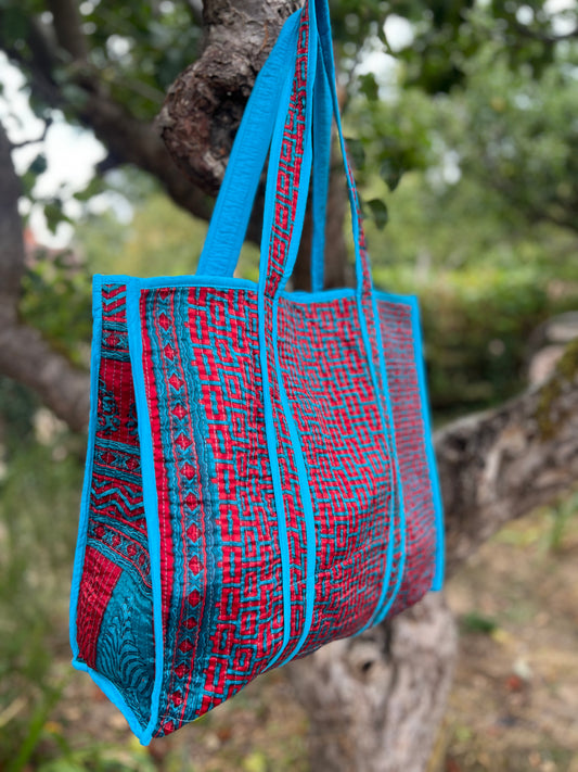 Geometric Red & Blue Silk Sari Tote