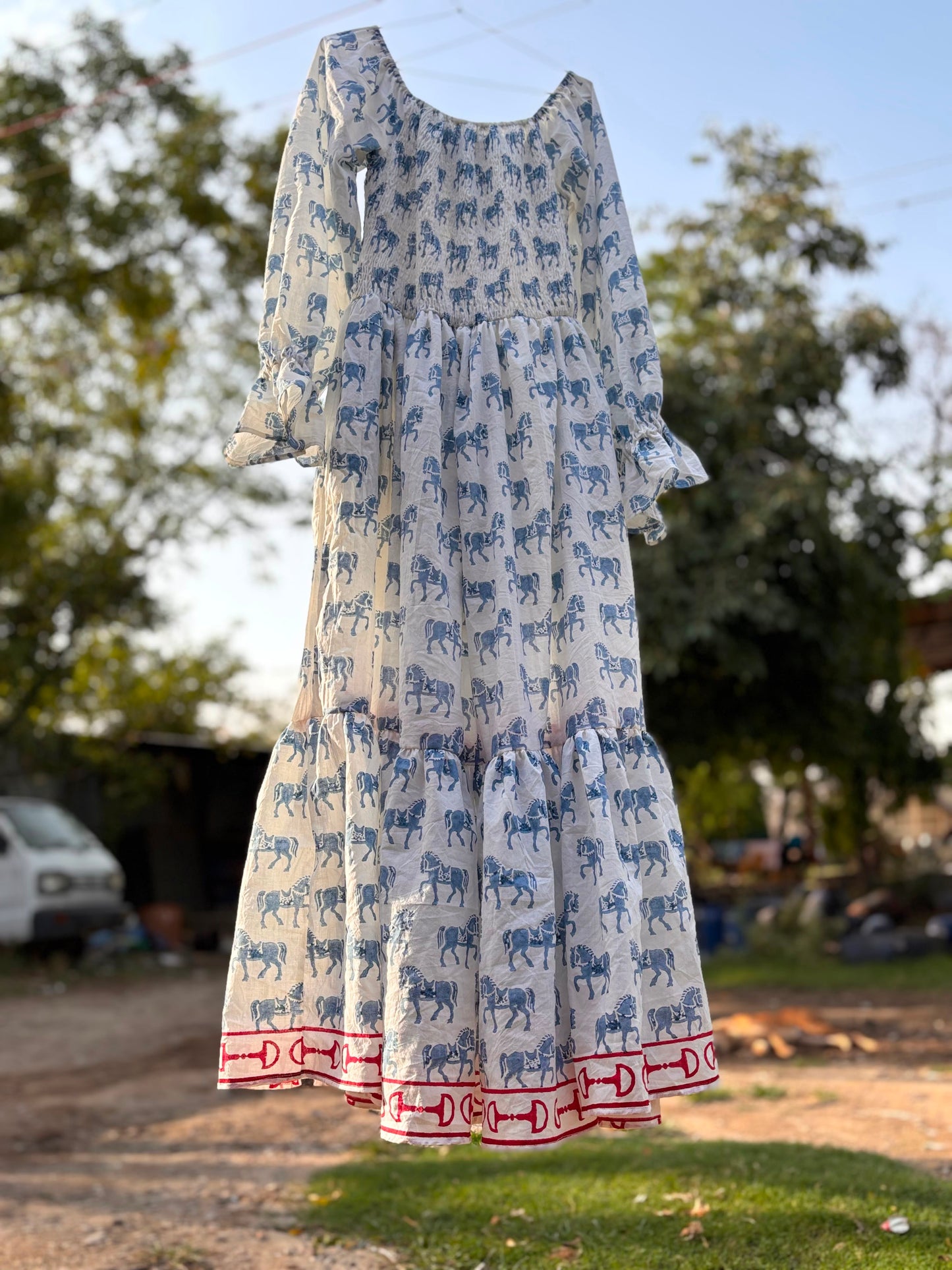 The “Atlas” Horse dress in French Blue and linen white