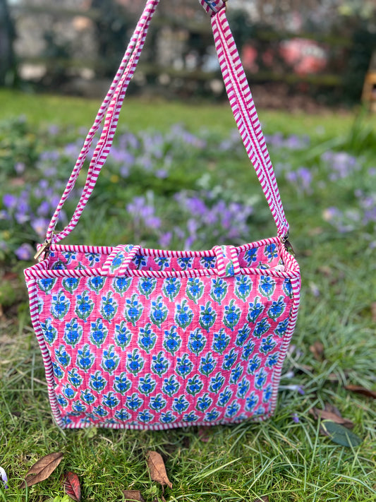 Pink Blockprint Tote with detachable Should Straps