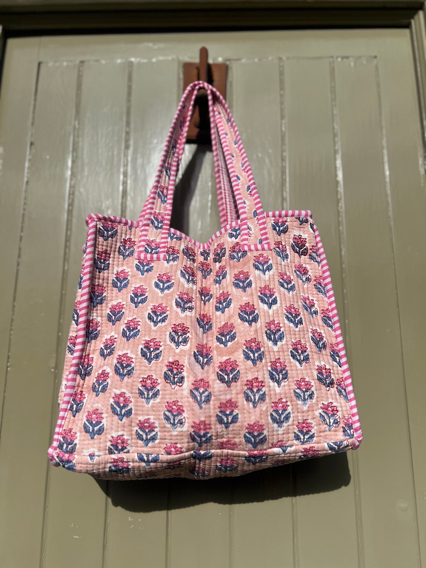 Peach and Pink Flower block print tote bag