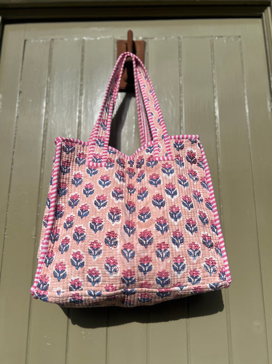 Peach and Pink Flower block print tote bag