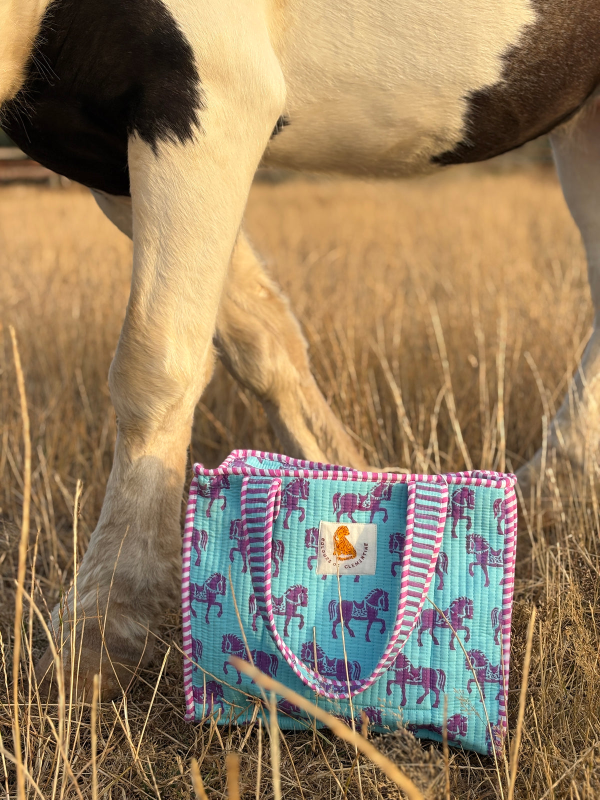 Blue and Pink Horse Equestrian Mini Tote