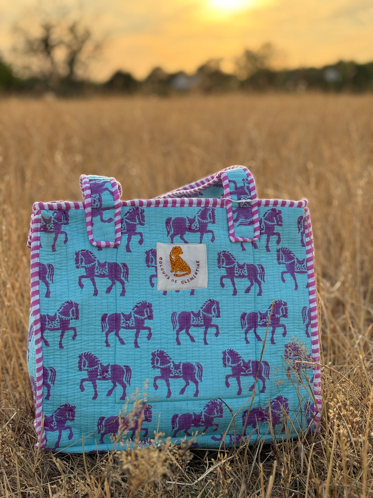 Blue and Pink Horse Equestrian Mini Tote