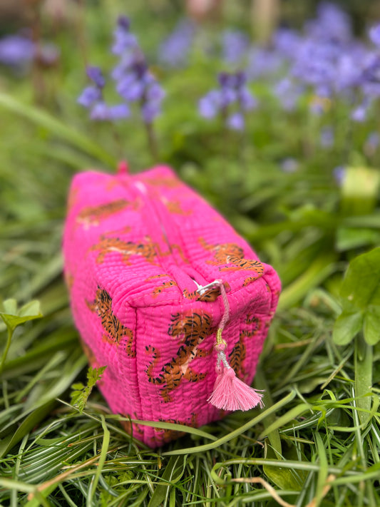 Bright Pink Tiger Blockprint Washbag