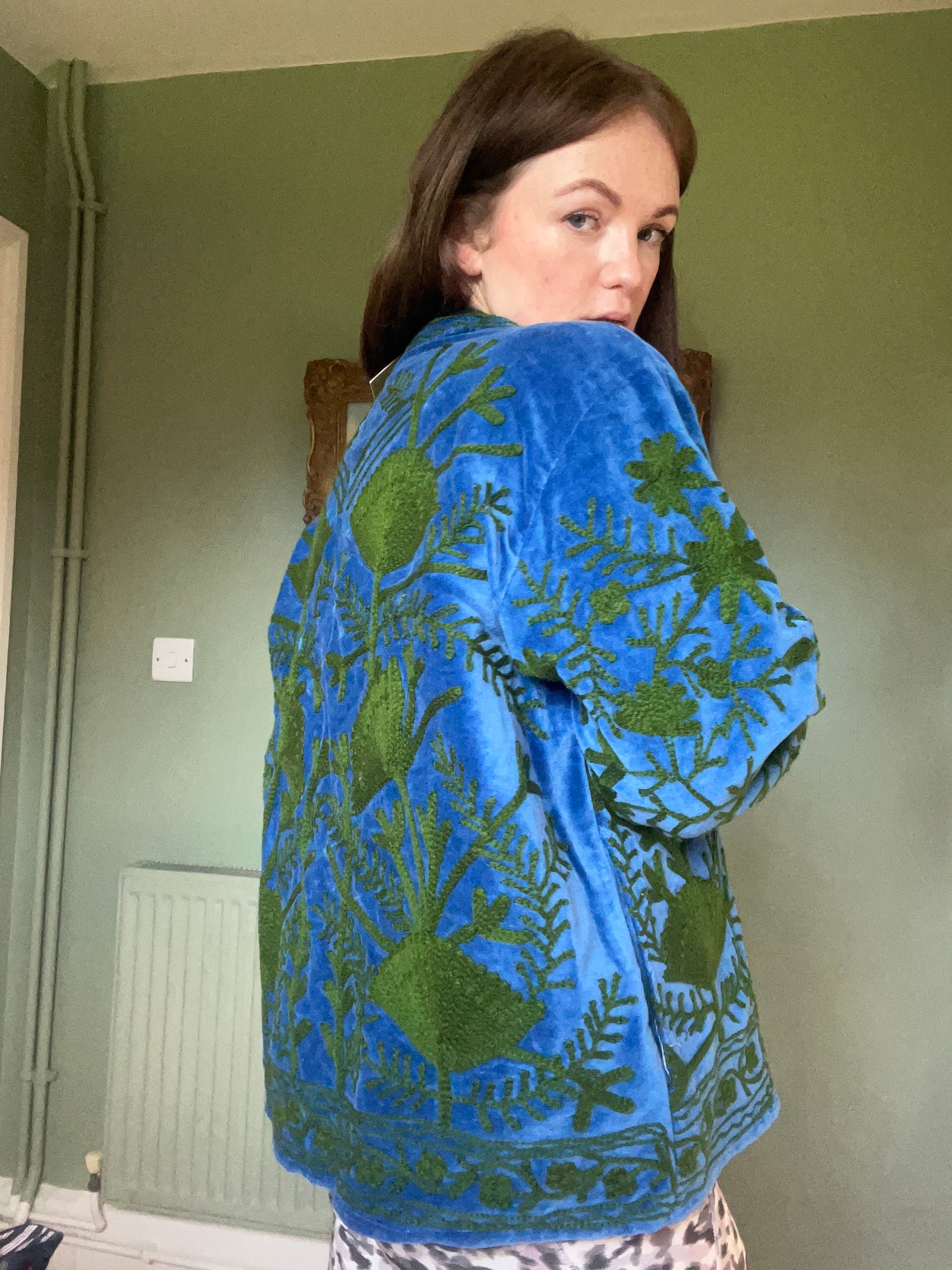 Blue and Green Velvet Suzani Jacket