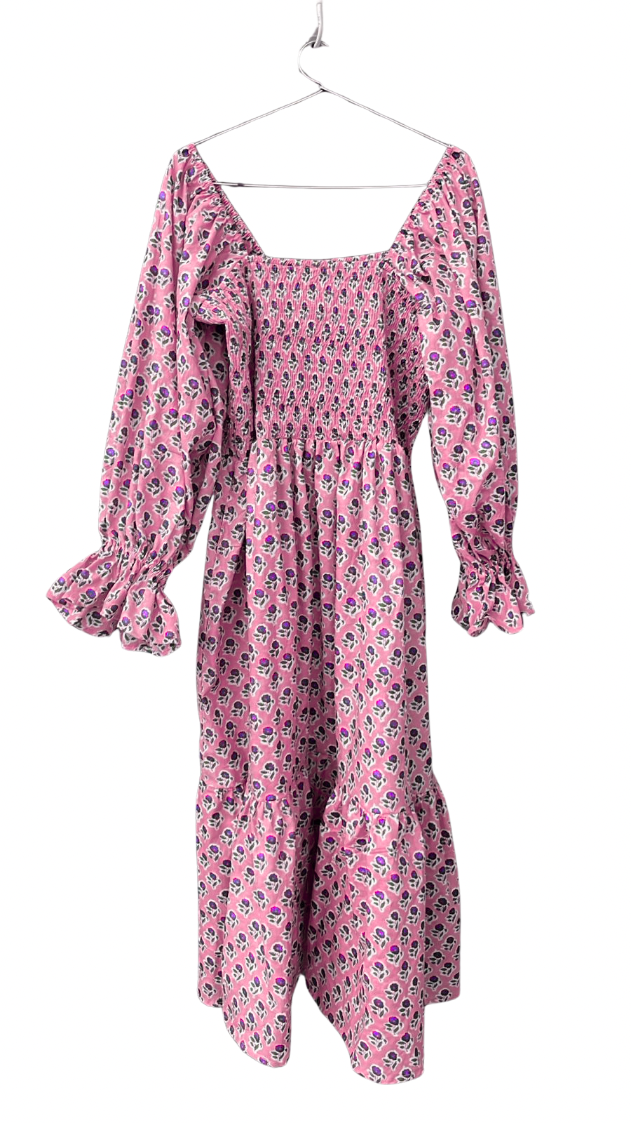 Pink Peony Block Print Cotton Summer Dress | Pink Floral Puff Sleeve Dress with Pockets