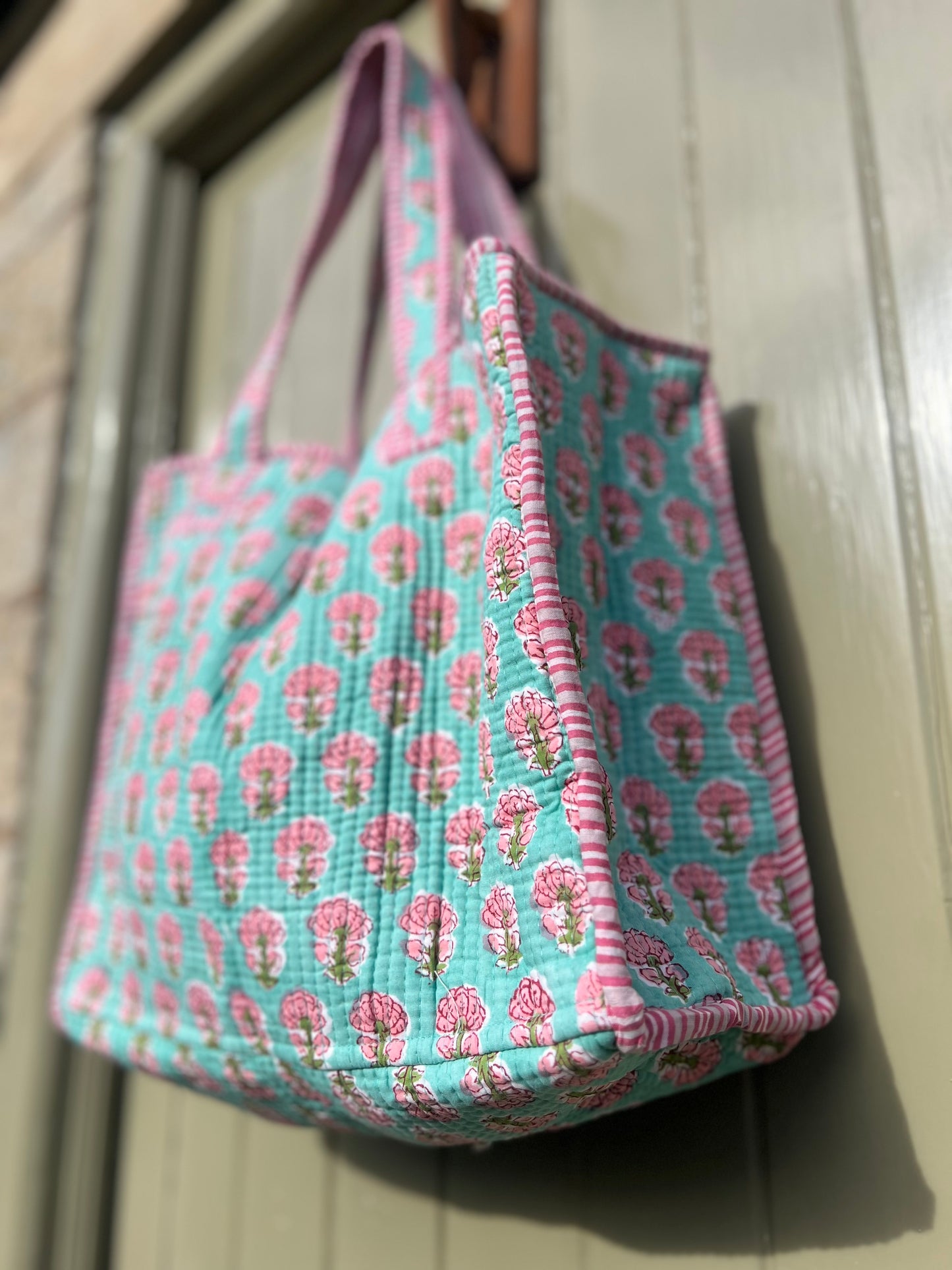 Turquoise with Pink Flowers Block Print Tote Bag