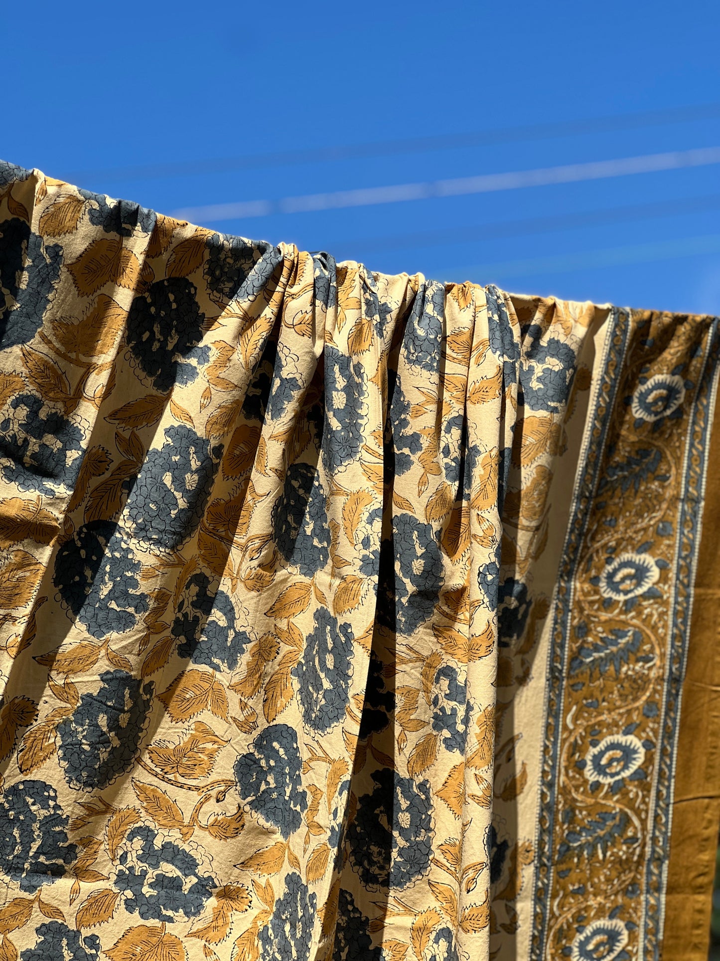 Turmeric and Navy Hydrangea Block-print Table Cloth