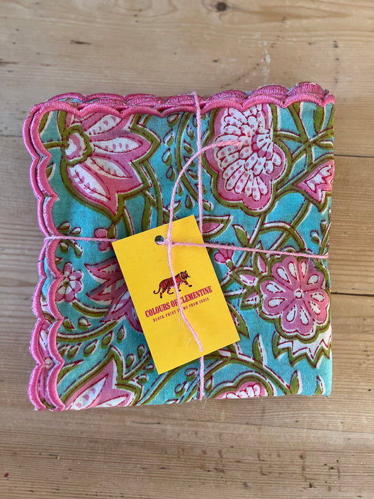 Turquoise and Pink Scalloped Napkins x 6