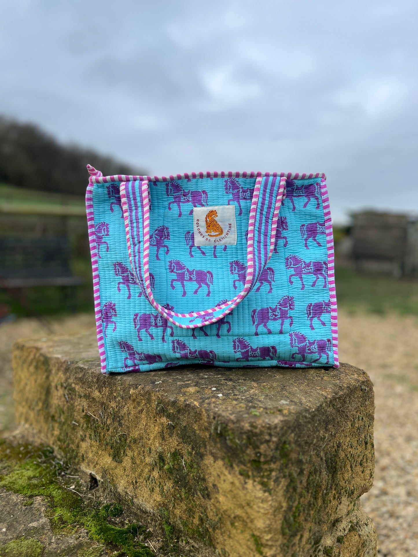 Blue and Pink Horse Equestrian Mini Tote