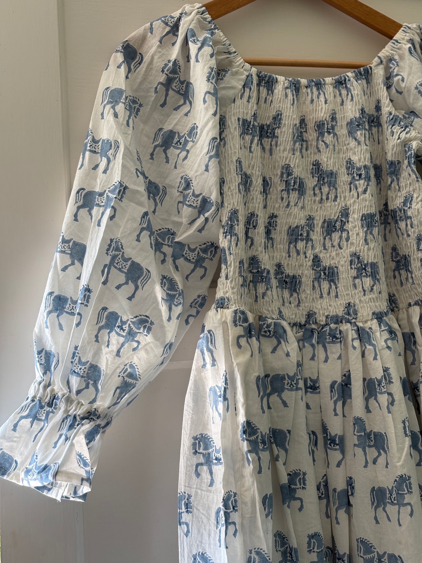 The “Atlas” Horse dress in French Blue and linen white