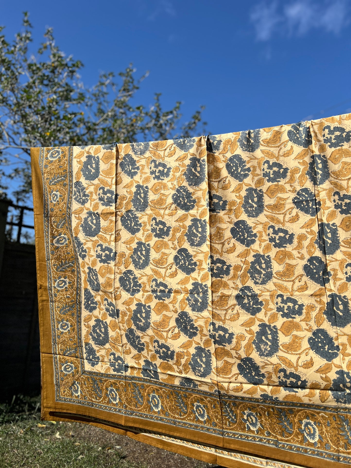 Turmeric and Navy Hydrangea Block-print Table Cloth