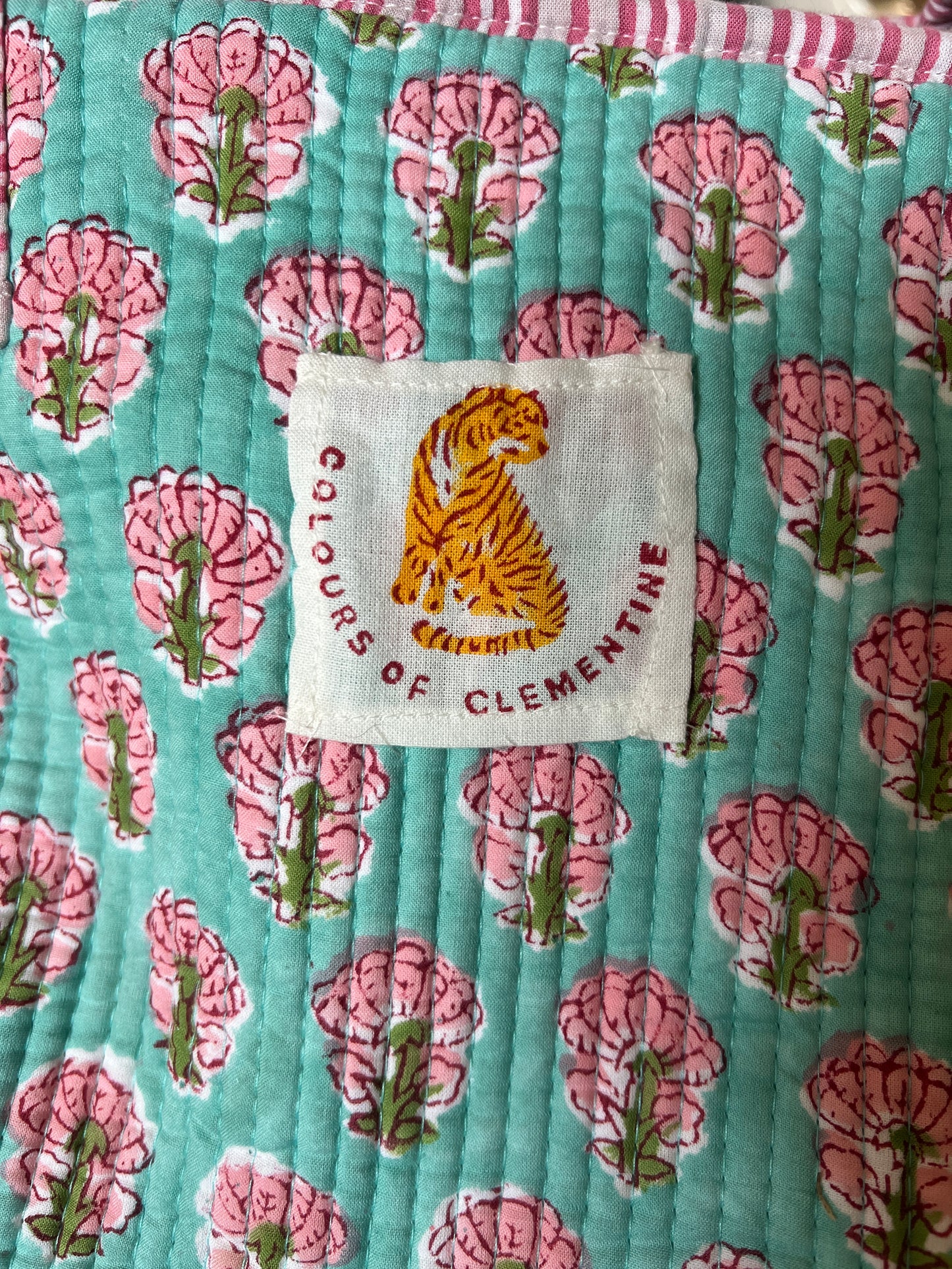 Turquoise with Pink Flowers Block Print Tote Bag