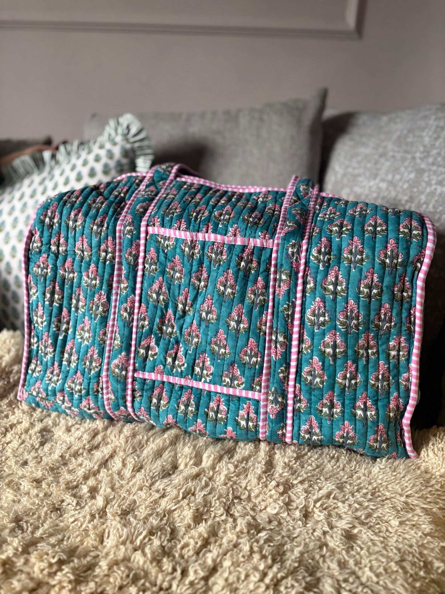 Summer Teal Weekend Blockprint Bag