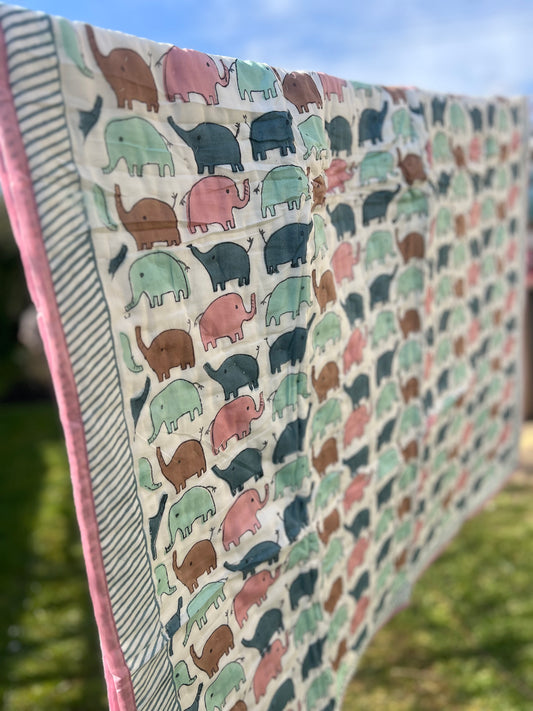 Elephants and Stars blockprint Childs Quilt