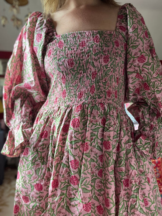 Rose Garden Block Print Cotton Summer Dress | Pink Floral Puff Sleeve Dress with Pockets