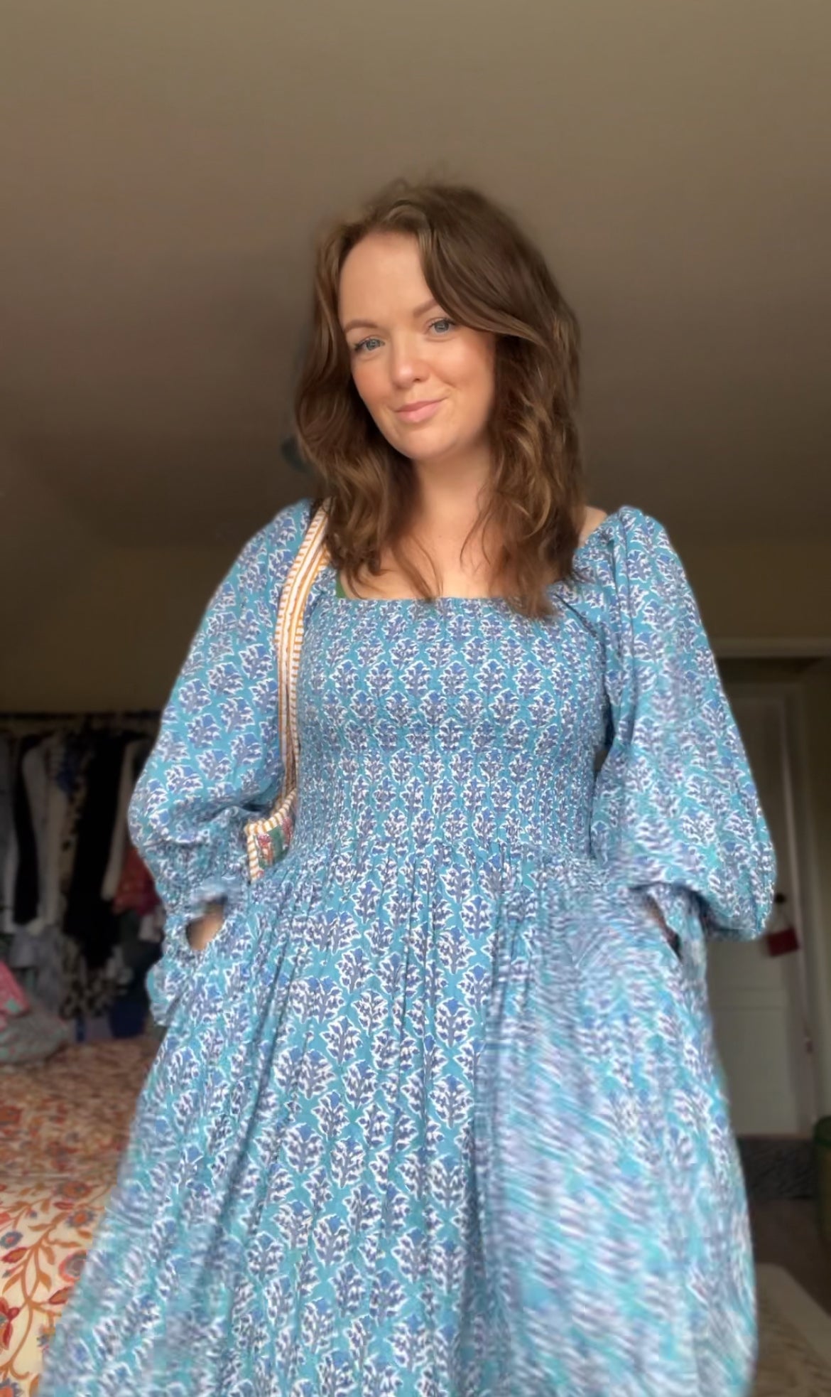 Rose Garden Block Print Cotton Summer Dress | Pink Floral Puff Sleeve Dress with Pockets