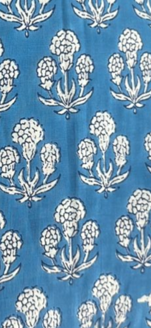 Bombay Blue Block Print Cotton Summer Dress | Blue Floral Puff Sleeve Dress with Pockets