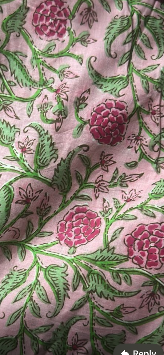 Rose Garden Block Print Cotton Summer Dress | Pink Floral Puff Sleeve Dress with Pockets