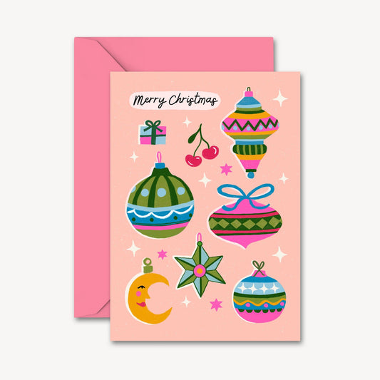 "Merry Christmas" Card | Illustrated Vintage Baubles Pink